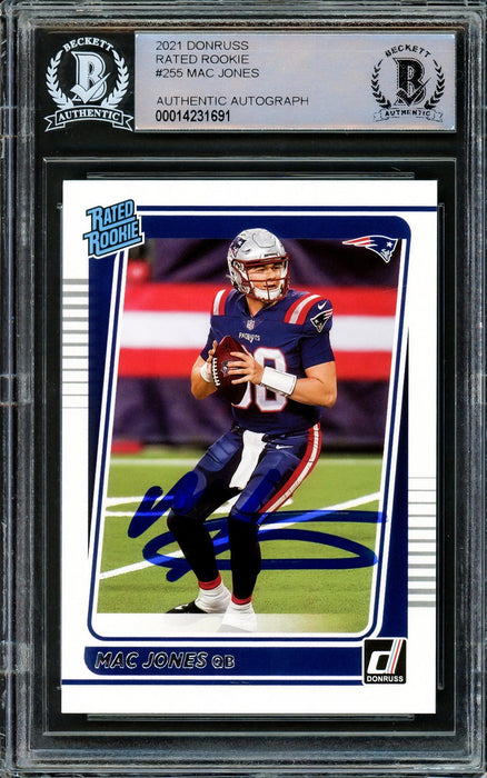 Mac Jones Autographed 2021 Donruss Rated Rookie Card #255 New England Patriots Beckett BAS Stock #206630 - RSA