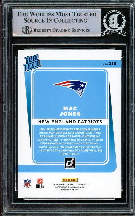 Mac Jones Autographed 2021 Donruss Rated Rookie Card #255 New England Patriots Beckett BAS Stock #206630 - RSA