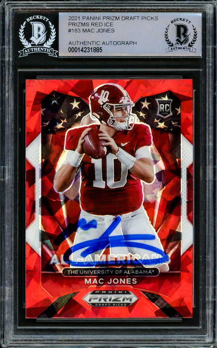 Mac Jones Autographed 2021 Panini Prizm Draft Picks Red Cracked Ice Rookie Card #183 Alabama Crimson Tide Beckett BAS #14231885 - RSA