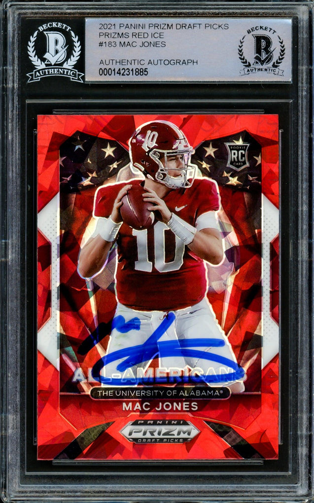 Mac Jones Autographed 2021 Panini Prizm Draft Picks Red Cracked Ice Rookie Card #183 Alabama Crimson Tide Beckett BAS #14231885 - RSA