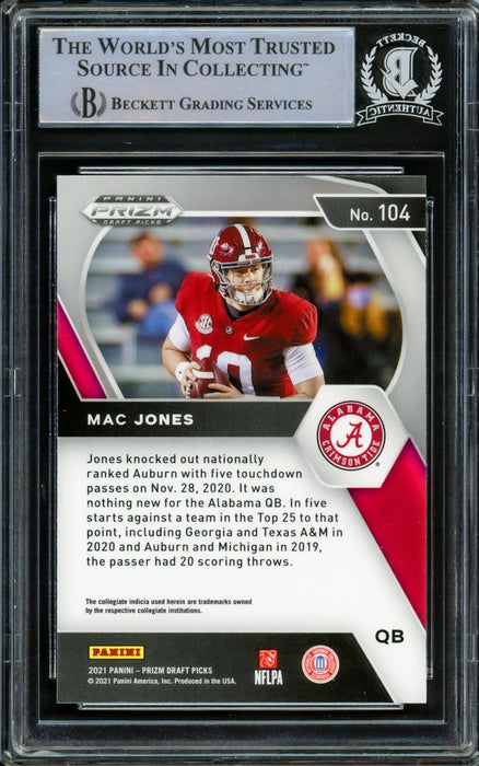 Mac Jones Autographed 2021 Panini Prizm Draft Picks Rookie Card #104 Alabama Crimson Tide Beckett BAS #14231887 - RSA