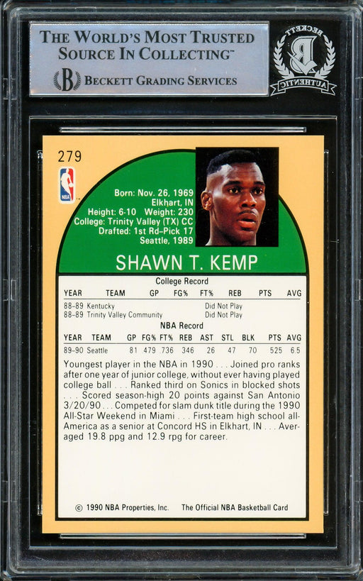 Shawn Kemp Autographed 1990 Hoops Rookie Card #279 Seattle Supersonics Beckett BAS Stock #206662 - RSA