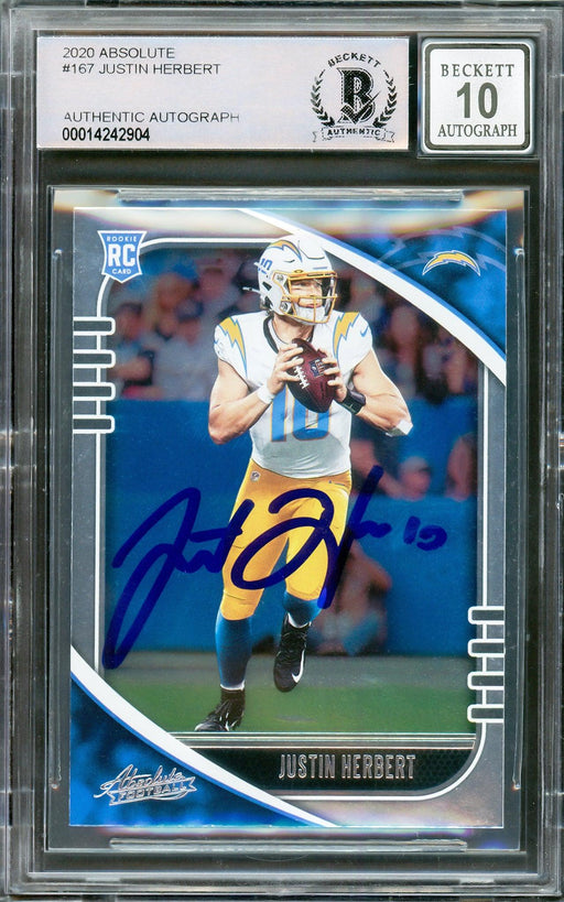 Justin Herbert Autographed 2020 Panini Absolute Rookie Card #167 Los Angeles Chargers Auto Grade Gem Mint 10 Beckett BAS Stock #206671 - RSA
