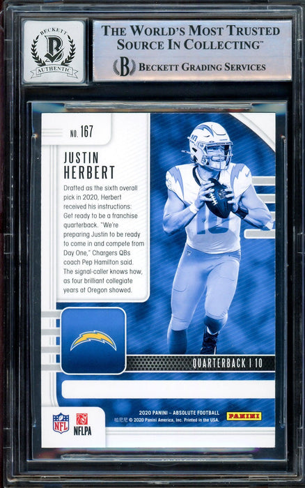 Justin Herbert Autographed 2020 Panini Absolute Rookie Card #167 Los Angeles Chargers Auto Grade Gem Mint 10 Beckett BAS Stock #206671 - RSA