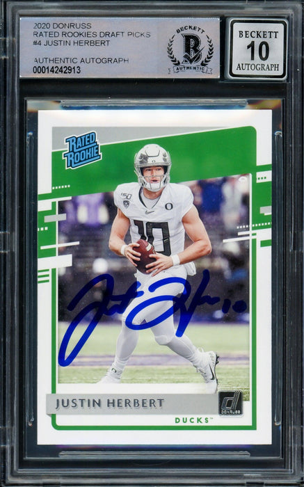 Justin Herbert Autographed 2020 Donruss Rated Rookie Card #4 Oregon Ducks Auto Grade Gem Mint 10 Beckett BAS Stock #206672 - RSA