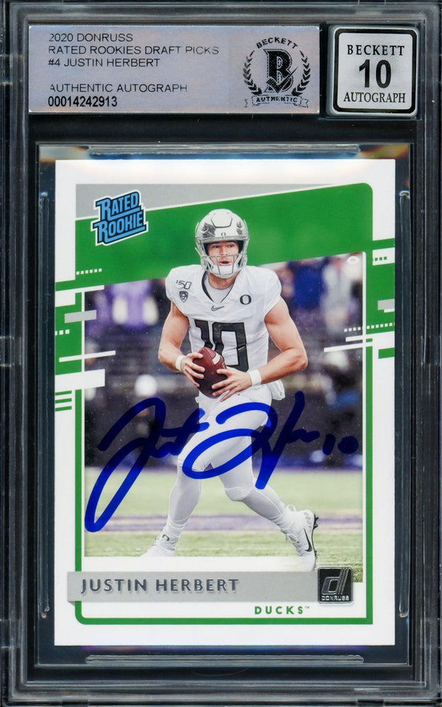 Justin Herbert Autographed 2020 Donruss Rated Rookie Card #4 Oregon Ducks Auto Grade Gem Mint 10 Beckett BAS Stock #206672 - RSA