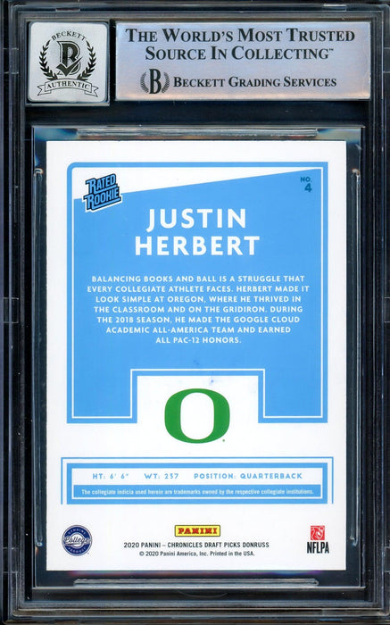 Justin Herbert Autographed 2020 Donruss Rated Rookie Card #4 Oregon Ducks Auto Grade Gem Mint 10 Beckett BAS Stock #206672 - RSA