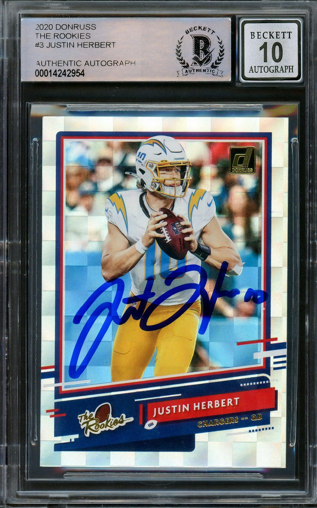 Justin Herbert Autographed 2020 Donruss Optic The Rookies Checkerboard Rookie Card #TR-JH Los Angeles Chargers Auto Grade Gem Mint 10 Beckett BAS Stock #206673 - RSA