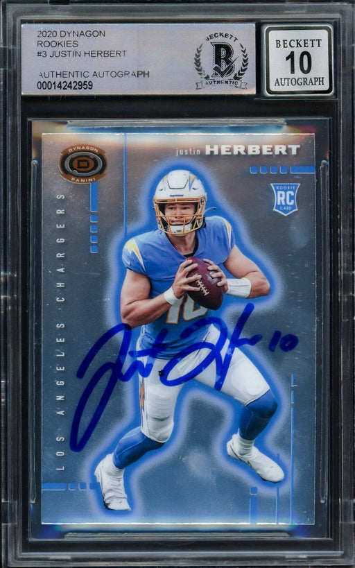 Justin Herbert Autographed 2020 Panini Chronicles Dynagon Rookie Card #D-3 Los Angeles Chargers Auto Grade Gem Mint 10 Beckett BAS #14242959 - RSA