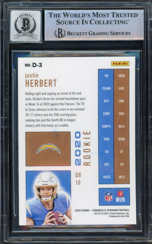 Justin Herbert Autographed 2020 Panini Chronicles Dynagon Rookie Card #D-3 Los Angeles Chargers Auto Grade Gem Mint 10 Beckett BAS #14242959 - RSA