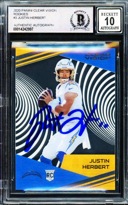 Justin Herbert Autographed 2020 Panini Chronicles Clear Dynagon Rookie Card #CV-3 Los Angeles Chargers Auto Grade Gem Mint 10 Beckett BAS Stock #206681 - RSA