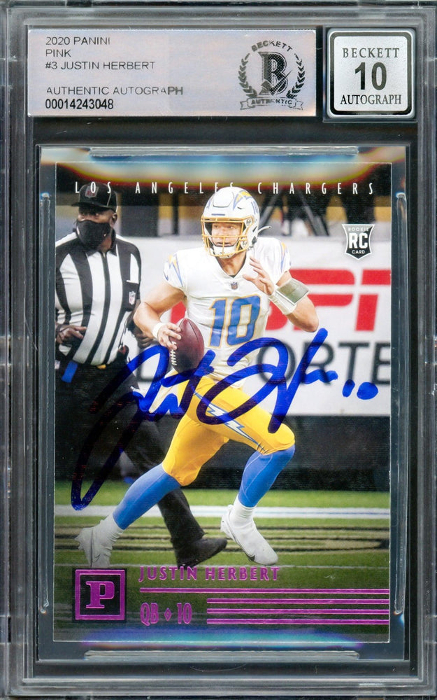 Justin Herbert Autographed 2020 Chronicles Panini Pink Parallel Rookie Card #PA-3 Los Angeles Chargers Auto Grade Gem Mint 10 Beckett BAS #14243048 - RSA