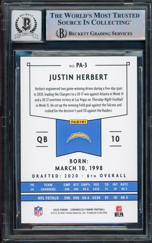 Justin Herbert Autographed 2020 Chronicles Panini Pink Parallel Rookie Card #PA-3 Los Angeles Chargers Auto Grade Gem Mint 10 Beckett BAS #14243048 - RSA