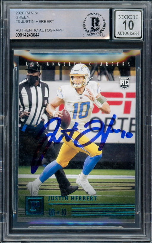 Justin Herbert Autographed 2020 Chronicles Panini Green Parallel Rookie Card #PA-3 Los Angeles Chargers Auto Grade Gem Mint 10 Beckett BAS #14243044 - RSA