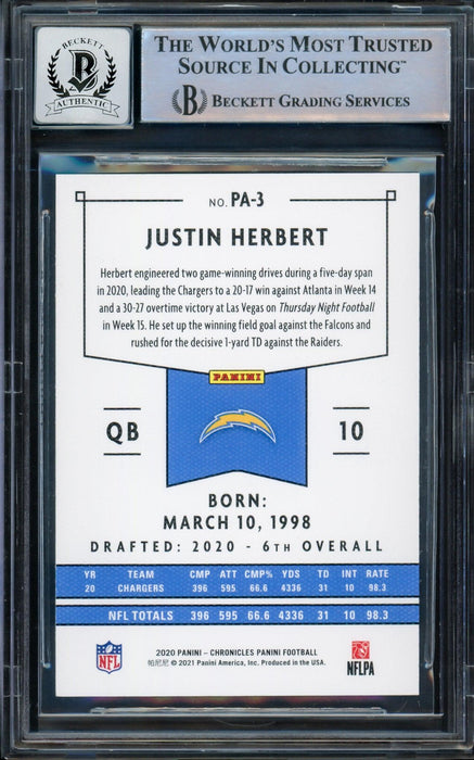 Justin Herbert Autographed 2020 Chronicles Panini Green Parallel Rookie Card #PA-3 Los Angeles Chargers Auto Grade Gem Mint 10 Beckett BAS #14243044 - RSA