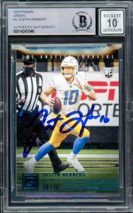 Justin Herbert Autographed 2020 Chronicles Panini Green Parallel Rookie Card #PA-3 Los Angeles Chargers Auto Grade Gem Mint 10 Beckett BAS #14243046 - RSA