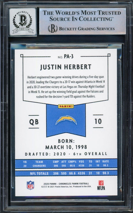 Justin Herbert Autographed 2020 Chronicles Panini Green Parallel Rookie Card #PA-3 Los Angeles Chargers Auto Grade Gem Mint 10 Beckett BAS #14243046 - RSA