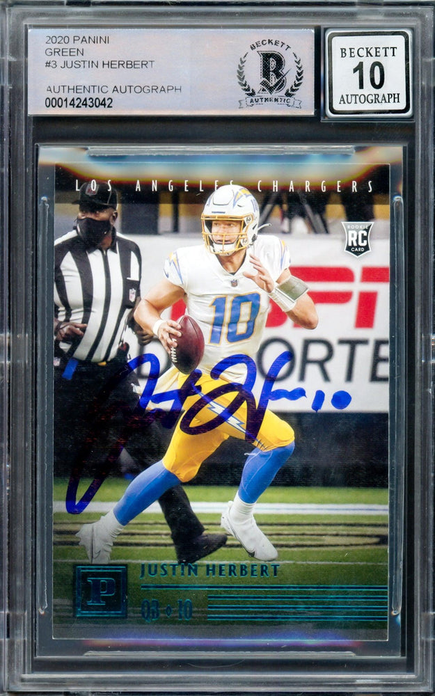 Justin Herbert Autographed 2020 Chronicles Panini Green Parallel Rookie Card #PA-3 Los Angeles Chargers Auto Grade Gem Mint 10 Beckett BAS #14243042 - RSA
