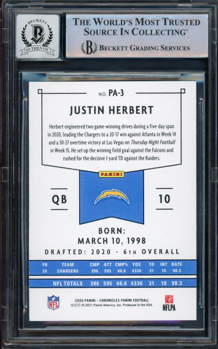 Justin Herbert Autographed 2020 Chronicles Panini Green Parallel Rookie Card #PA-3 Los Angeles Chargers Auto Grade Gem Mint 10 Beckett BAS #14243042 - RSA