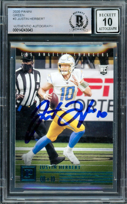 Justin Herbert Autographed 2020 Chronicles Panini Green Parallel Rookie Card #PA-3 Los Angeles Chargers Auto Grade Gem Mint 10 Beckett BAS #14243043 - RSA