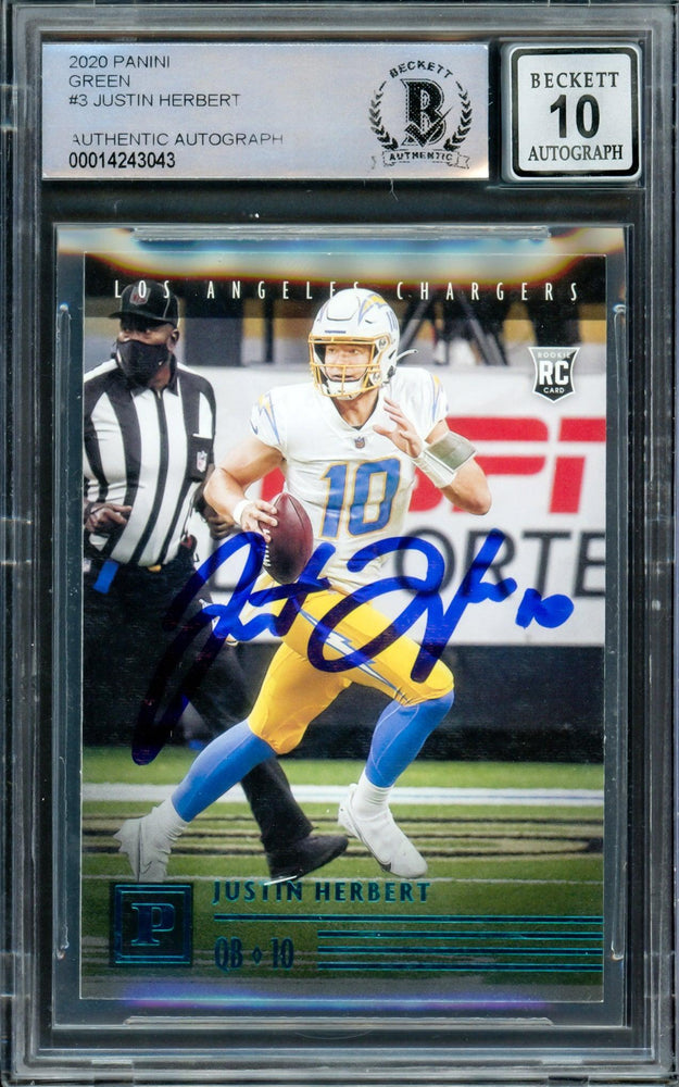 Justin Herbert Autographed 2020 Chronicles Panini Green Parallel Rookie Card #PA-3 Los Angeles Chargers Auto Grade Gem Mint 10 Beckett BAS #14243043 - RSA