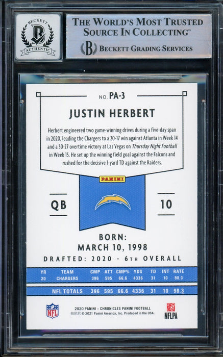 Justin Herbert Autographed 2020 Chronicles Panini Green Parallel Rookie Card #PA-3 Los Angeles Chargers Auto Grade Gem Mint 10 Beckett BAS #14243043 - RSA