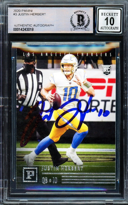 Justin Herbert Autographed 2020 Chronicles Panini Rookie Card #PA-3 Los Angeles Chargers Auto Grade Gem Mint 10 Beckett BAS Stock #206689 - RSA