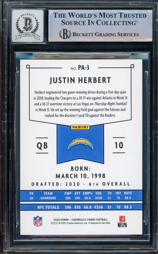 Justin Herbert Autographed 2020 Chronicles Panini Rookie Card #PA-3 Los Angeles Chargers Auto Grade Gem Mint 10 Beckett BAS Stock #206689 - RSA
