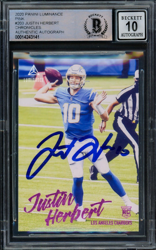 Justin Herbert Autographed 2020 Panini Luminance Pink Parallel Rookie Card #203 Los Angeles Chargers Auto Grade Gem Mint 10 Beckett BAS #14243141 - RSA
