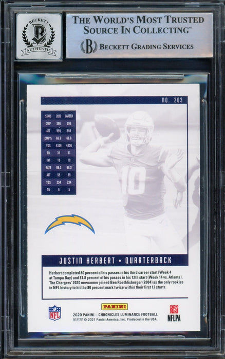 Justin Herbert Autographed 2020 Panini Luminance Pink Parallel Rookie Card #203 Los Angeles Chargers Auto Grade Gem Mint 10 Beckett BAS #14243141 - RSA
