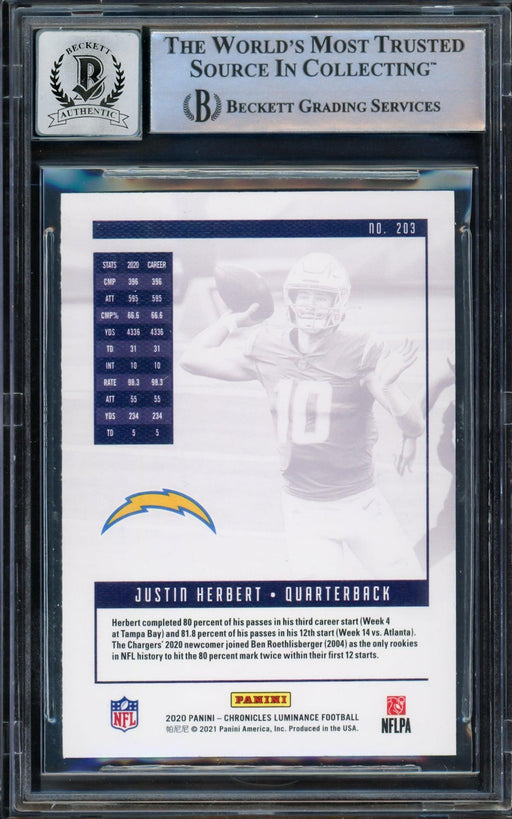 Justin Herbert Autographed 2020 Panini Luminance Pink Parallel Rookie Card #203 Los Angeles Chargers Auto Grade Gem Mint 10 Beckett BAS #14243141 - RSA