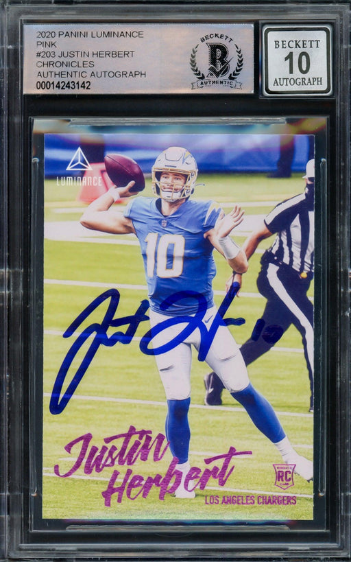 Justin Herbert Autographed 2020 Panini Luminance Pink Parallel Rookie Card #203 Los Angeles Chargers Auto Grade Gem Mint 10 Beckett BAS #14243142 - RSA