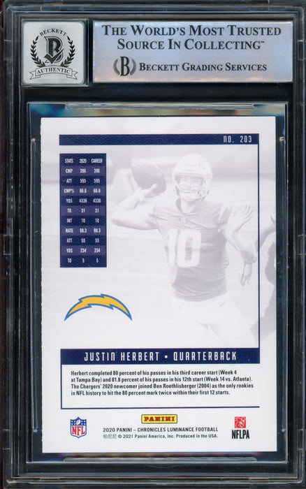 Justin Herbert Autographed 2020 Panini Luminance Pink Parallel Rookie Card #203 Los Angeles Chargers Auto Grade Gem Mint 10 Beckett BAS #14243142 - RSA
