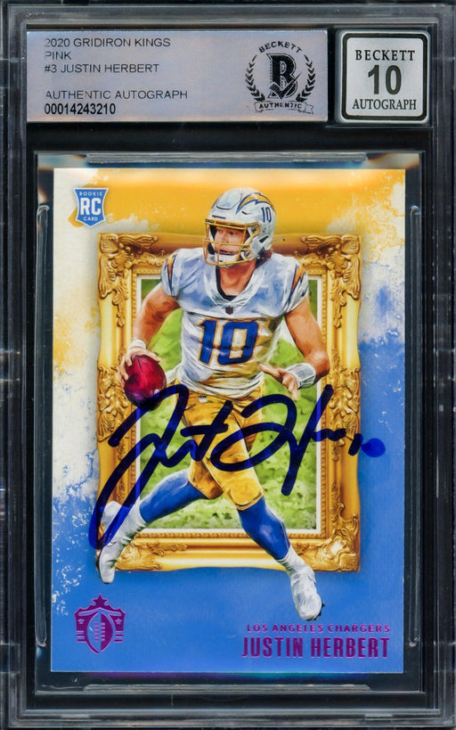 Justin Herbert Autographed 2020 Panini Chronicles Gridiron Kings Pink Rookie Card #GK-3 Los Angeles Chargers Auto Grade Gem Mint 10 Beckett BAS #14243210 - RSA