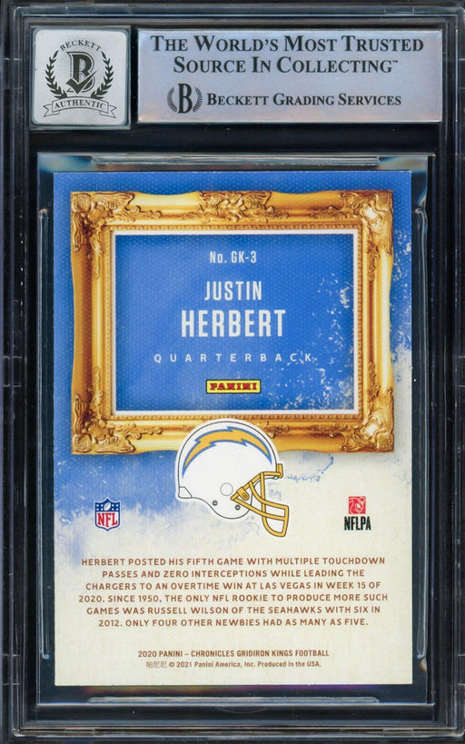 Justin Herbert Autographed 2020 Panini Chronicles Gridiron Kings Pink Rookie Card #GK-3 Los Angeles Chargers Auto Grade Gem Mint 10 Beckett BAS #14243210 - RSA
