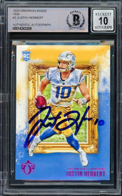 Justin Herbert Autographed 2020 Panini Chronicles Gridiron Kings Pink Rookie Card #GK-3 Los Angeles Chargers Auto Grade Gem Mint 10 Beckett BAS #14243209 - RSA