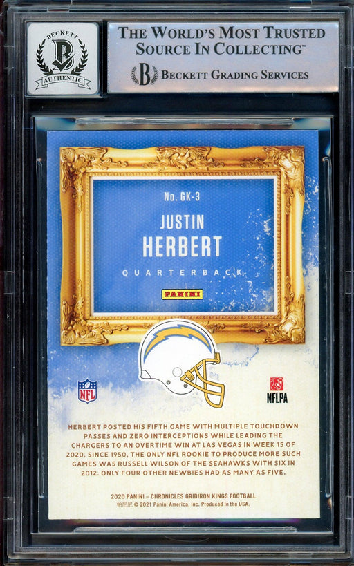 Justin Herbert Autographed 2020 Panini Chronicles Gridiron Kings Pink Rookie Card #GK-3 Los Angeles Chargers Auto Grade Gem Mint 10 Beckett BAS #14243209 - RSA