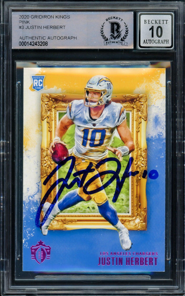 Justin Herbert Autographed 2020 Panini Chronicles Gridiron Kings Pink Rookie Card #GK-3 Los Angeles Chargers Auto Grade Gem Mint 10 Beckett BAS #14243208 - RSA