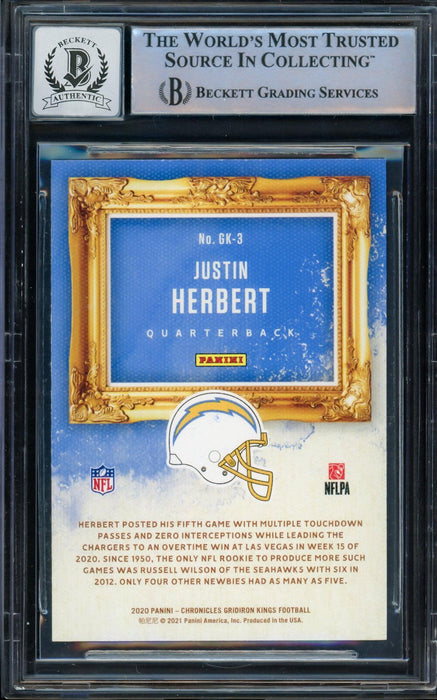 Justin Herbert Autographed 2020 Panini Chronicles Gridiron Kings Pink Rookie Card #GK-3 Los Angeles Chargers Auto Grade Gem Mint 10 Beckett BAS #14243208 - RSA