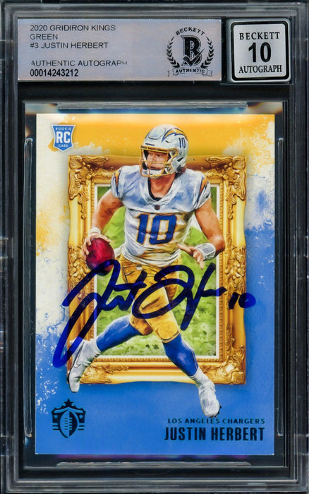 Justin Herbert Autographed 2020 Panini Chronicles Gridiron Kings Green Rookie Card #GK-3 Los Angeles Chargers Auto Grade Gem Mint 10 Beckett BAS #14243212 - RSA