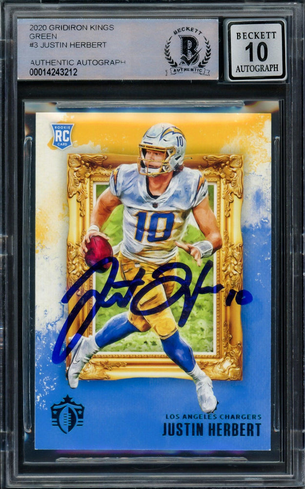 Justin Herbert Autographed 2020 Panini Chronicles Gridiron Kings Green Rookie Card #GK-3 Los Angeles Chargers Auto Grade Gem Mint 10 Beckett BAS #14243212 - RSA