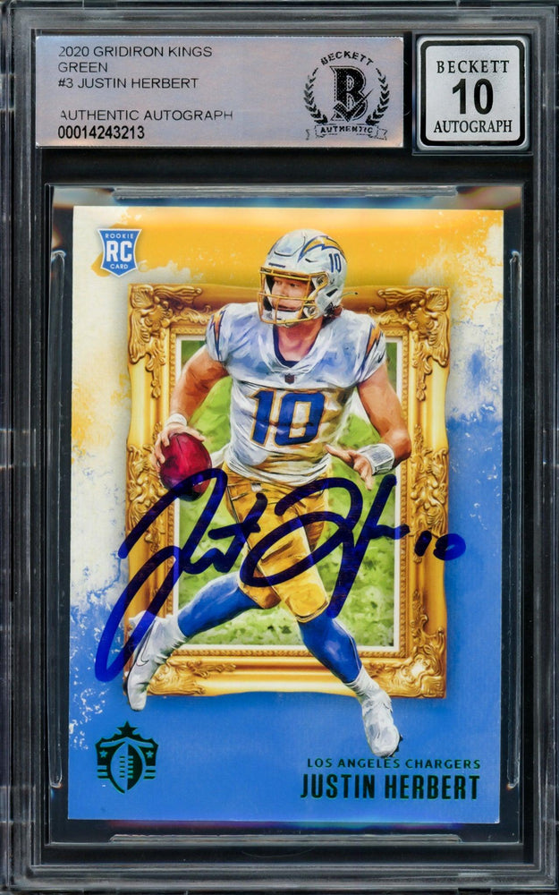 Justin Herbert Autographed 2020 Panini Chronicles Gridiron Kings Green Rookie Card #GK-3 Los Angeles Chargers Auto Grade Gem Mint 10 Beckett BAS #14243213 - RSA