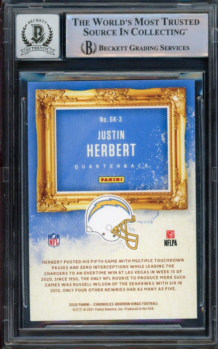 Justin Herbert Autographed 2020 Panini Chronicles Gridiron Kings Green Rookie Card #GK-3 Los Angeles Chargers Auto Grade Gem Mint 10 Beckett BAS #14243213 - RSA
