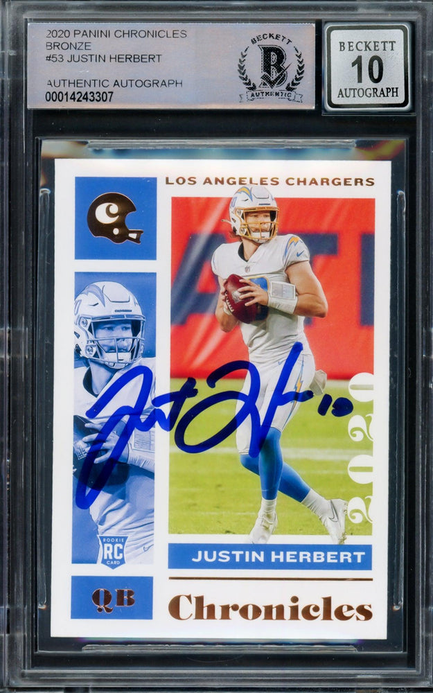 Justin Herbert Autographed 2020 Panini Chronicles Bronze Parallel Rookie Card #53 Los Angeles Chargers Auto Grade Gem Mint 10 Beckett BAS #14243307 - RSA