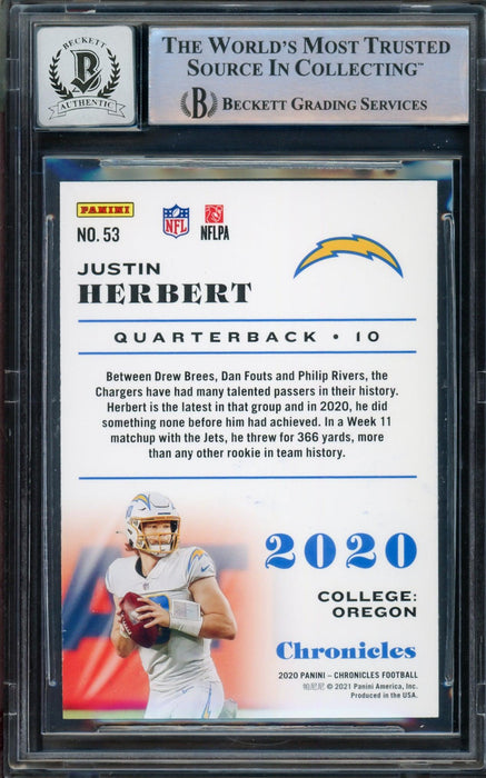 Justin Herbert Autographed 2020 Panini Chronicles Bronze Parallel Rookie Card #53 Los Angeles Chargers Auto Grade Gem Mint 10 Beckett BAS #14243307 - RSA