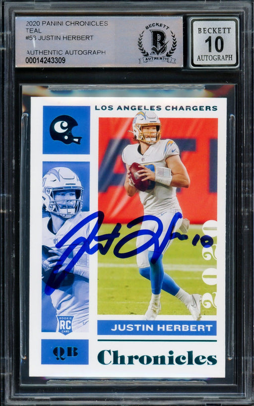 Justin Herbert Autographed 2020 Panini Chronicles Teal Parallel Rookie Card #53 Los Angeles Chargers Auto Grade Gem Mint 10 Beckett BAS #14243309 - RSA