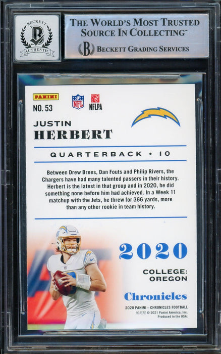 Justin Herbert Autographed 2020 Panini Chronicles Teal Parallel Rookie Card #53 Los Angeles Chargers Auto Grade Gem Mint 10 Beckett BAS #14243309 - RSA
