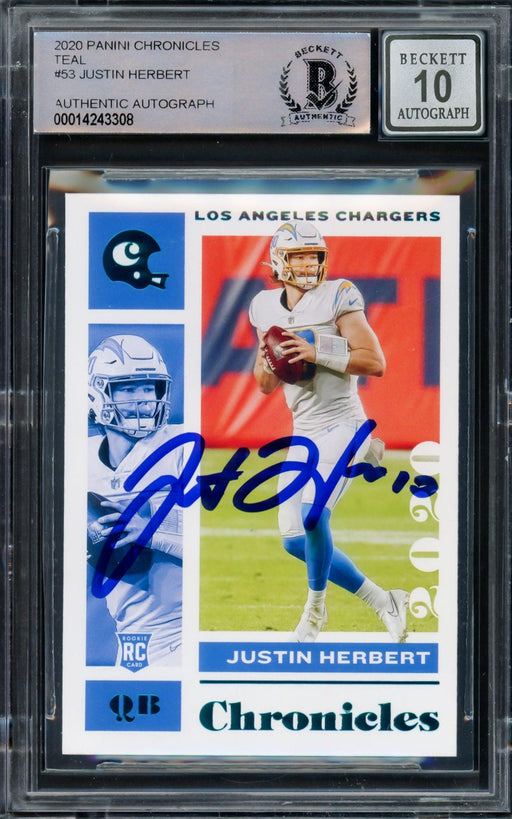 Justin Herbert Autographed 2020 Panini Chronicles Teal Parallel Rookie Card #53 Los Angeles Chargers Auto Grade Gem Mint 10 Beckett BAS #14243308 - RSA