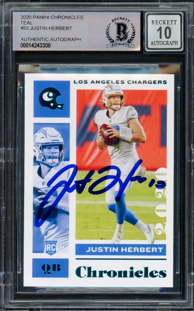 Justin Herbert Autographed 2020 Panini Chronicles Teal Parallel Rookie Card #53 Los Angeles Chargers Auto Grade Gem Mint 10 Beckett BAS #14243308 - RSA