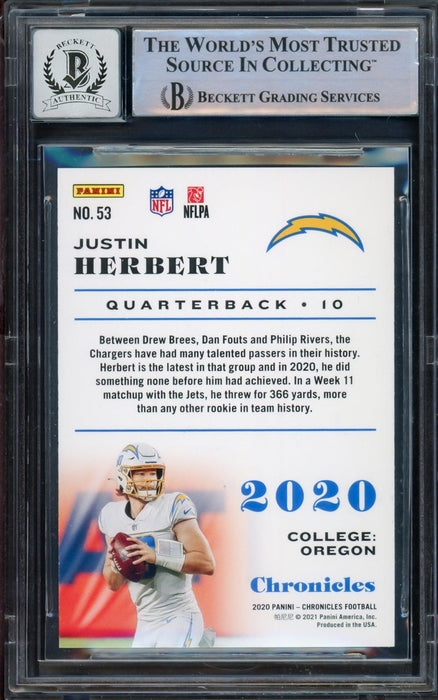 Justin Herbert Autographed 2020 Panini Chronicles Teal Parallel Rookie Card #53 Los Angeles Chargers Auto Grade Gem Mint 10 Beckett BAS #14243308 - RSA